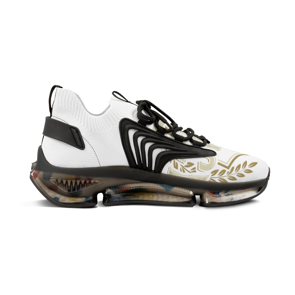 Men's Mesh Sneakers — White Athletic Lace-Up Shoes with Gold Laurel Design