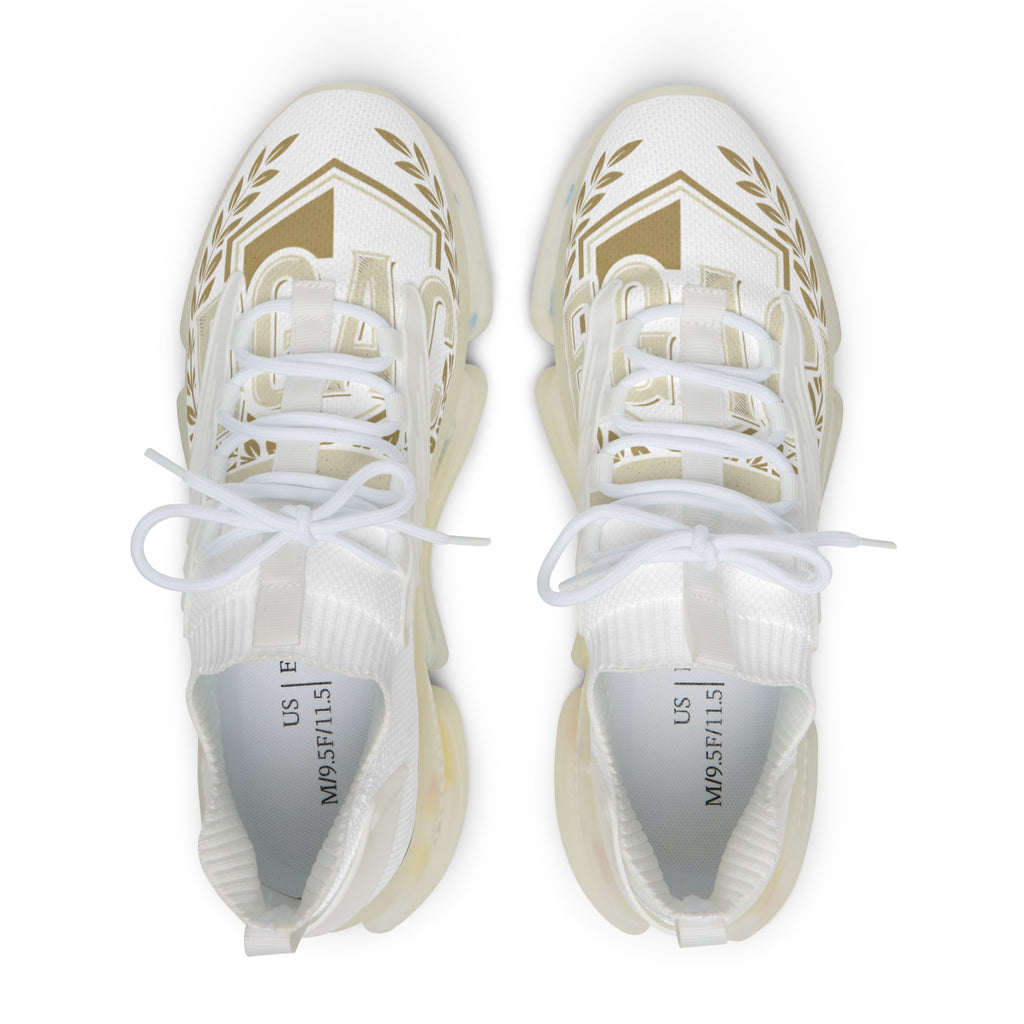 Men's Mesh Sneakers — White Athletic Lace-Up Shoes with Gold Laurel Design