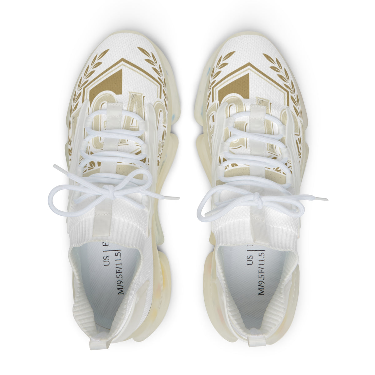 Men's Mesh Sneakers — White Athletic Lace-Up Shoes with Gold Laurel Design