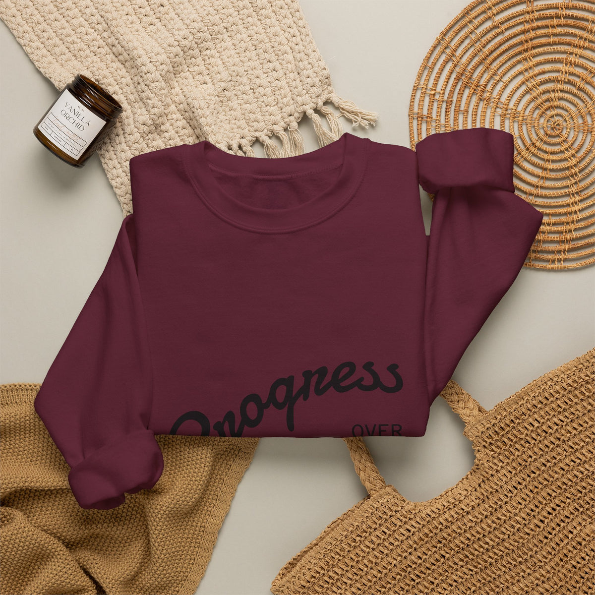 Crewneck Sweatshirt — "Progress Over Perfection" Minimal Motivational Pullover