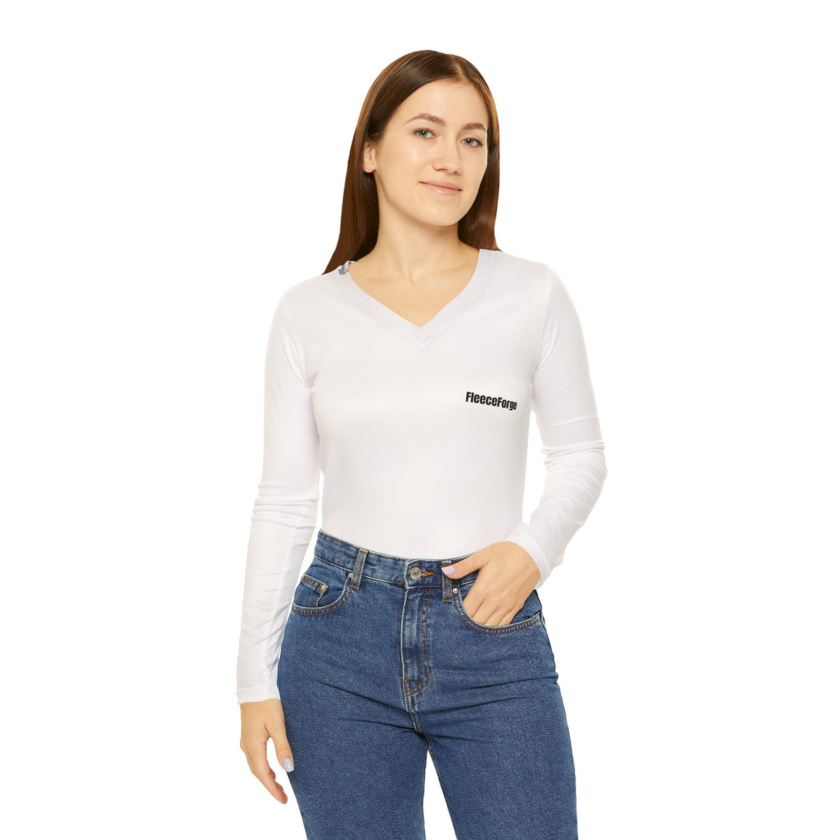 Women’s V-Neck Long Sleeve Shirt – Minimal ‘Fineartorg’ Front, ‘design for you’ Back