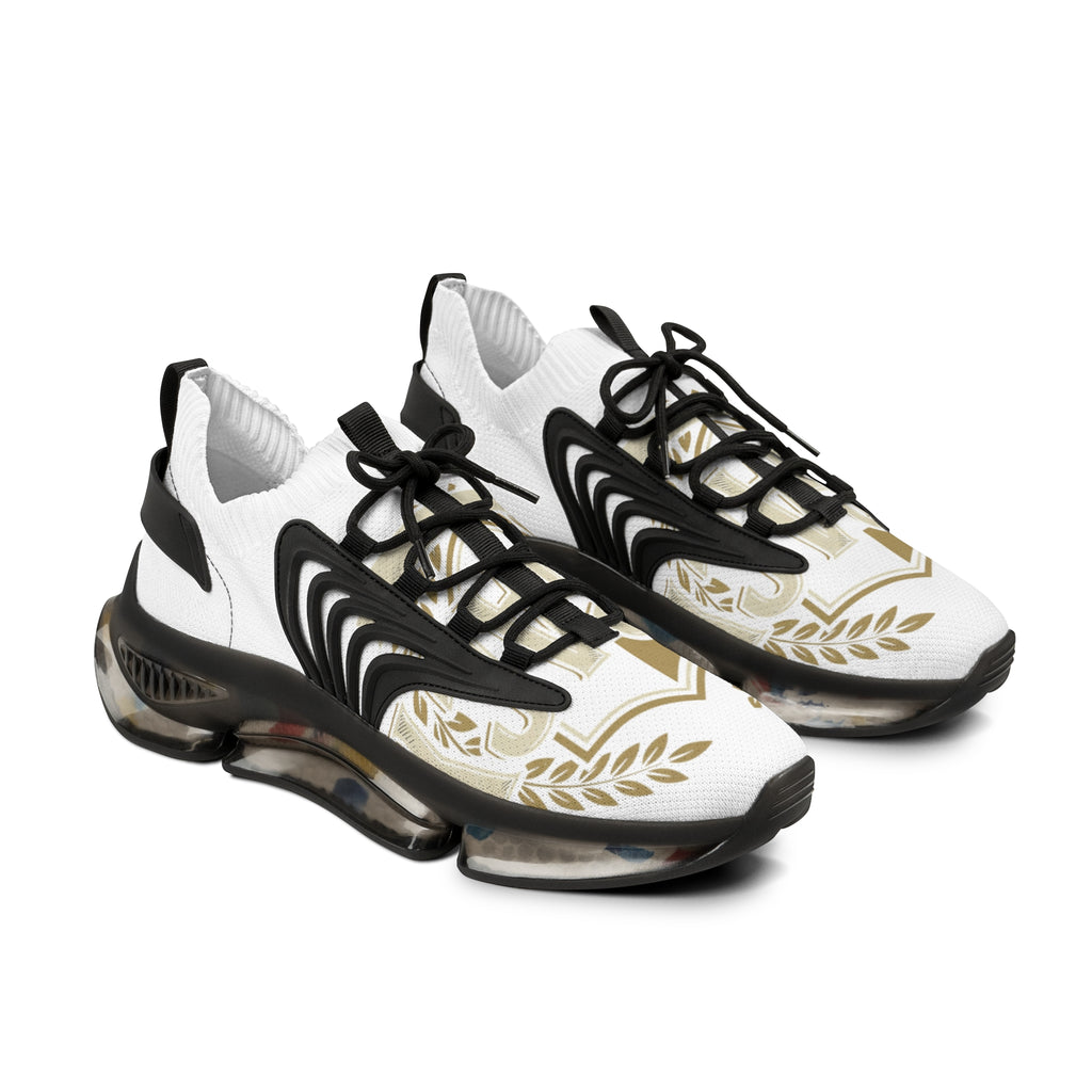 Men's Mesh Sneakers — White Athletic Lace-Up Shoes with Gold Laurel Design