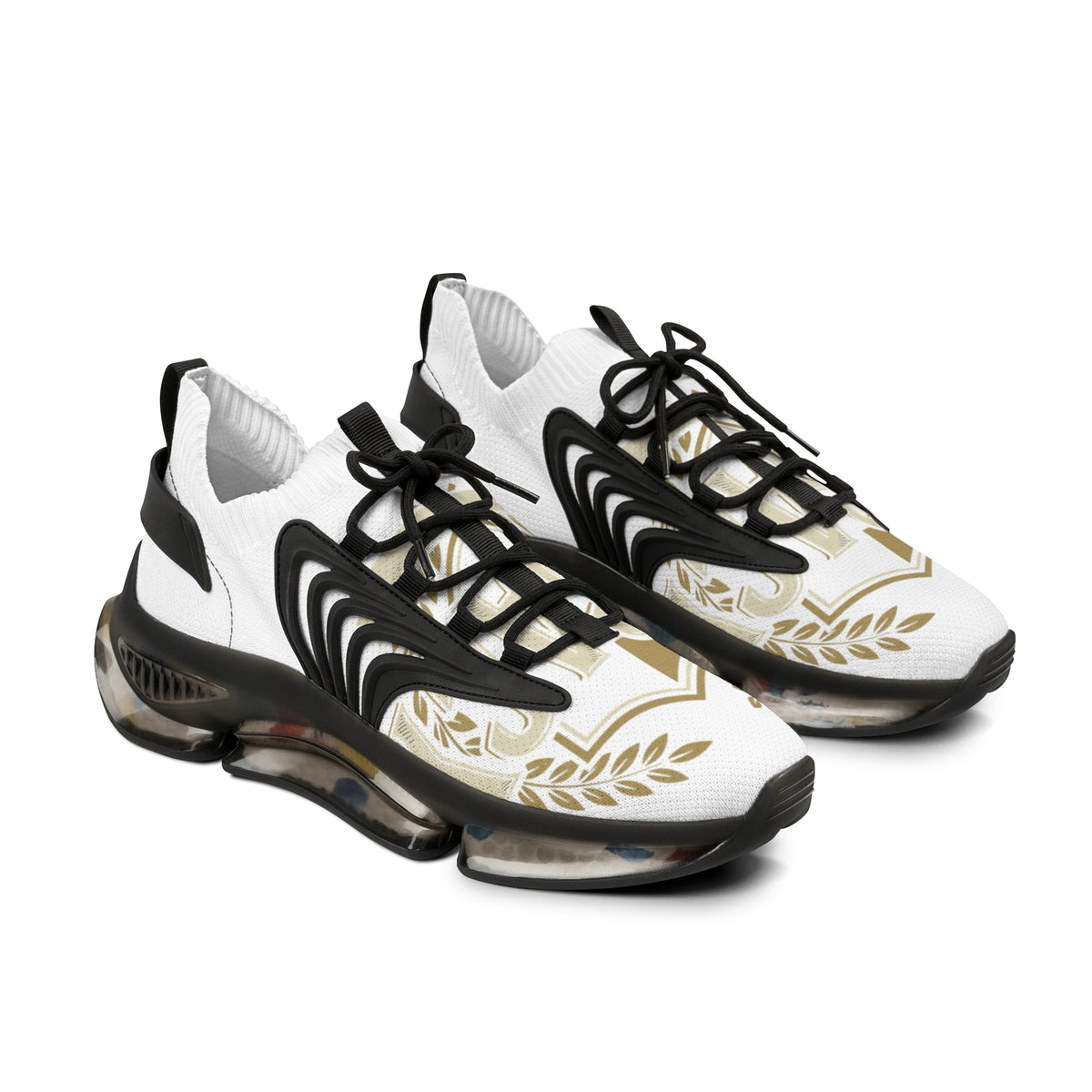 Men's Mesh Sneakers — White Athletic Lace-Up Shoes with Gold Laurel Design