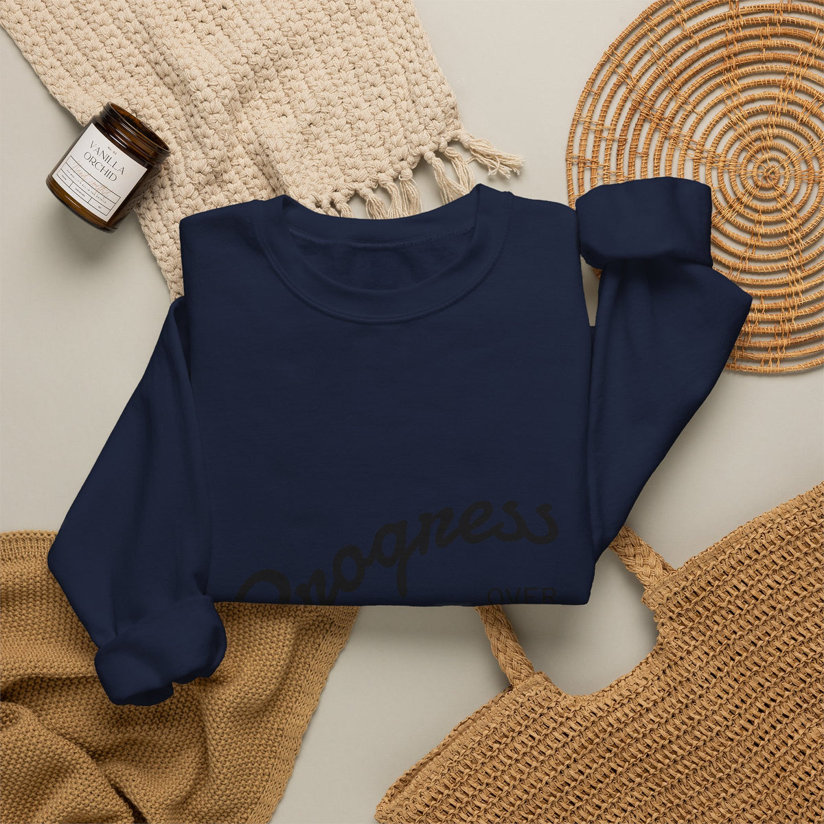 Crewneck Sweatshirt — "Progress Over Perfection" Minimal Motivational Pullover