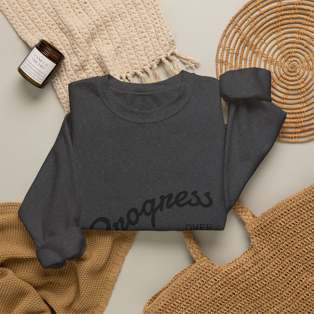 Crewneck Sweatshirt — "Progress Over Perfection" Minimal Motivational Pullover