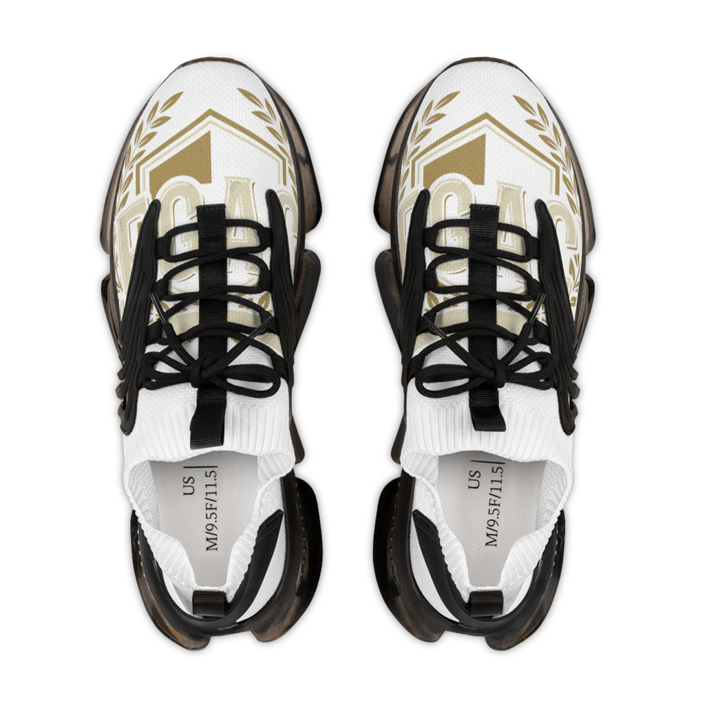 Men's Mesh Sneakers — White Athletic Lace-Up Shoes with Gold Laurel Design