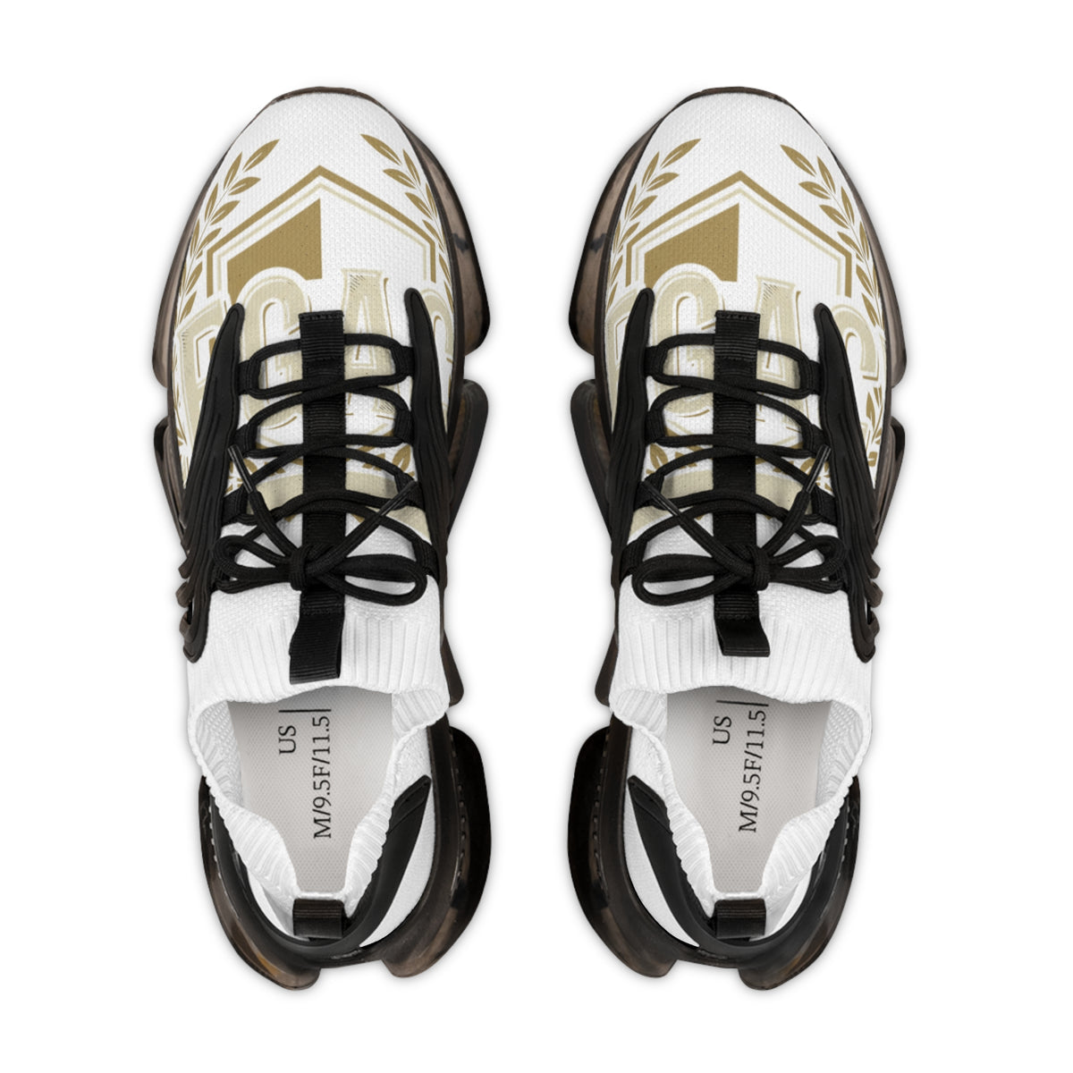 Men's Mesh Sneakers — White Athletic Lace-Up Shoes with Gold Laurel Design