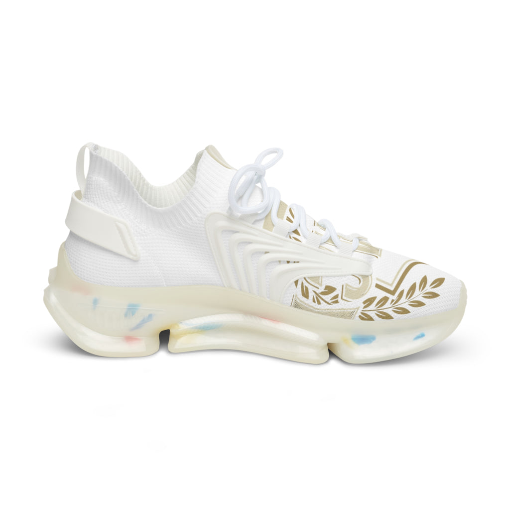 Men's Mesh Sneakers — White Athletic Lace-Up Shoes with Gold Laurel Design