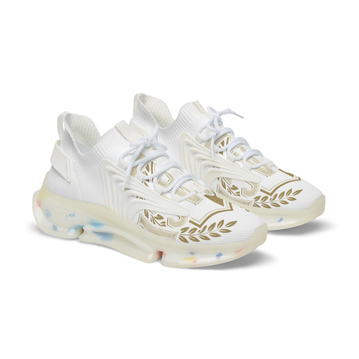 Men's Mesh Sneakers — White Athletic Lace-Up Shoes with Gold Laurel Design