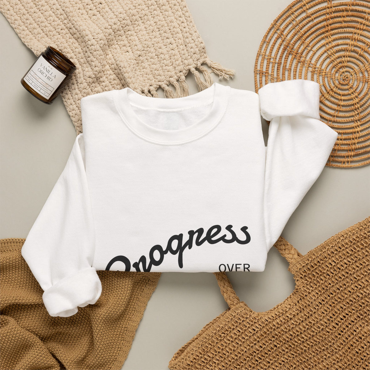 Crewneck Sweatshirt — "Progress Over Perfection" Minimal Motivational Pullover